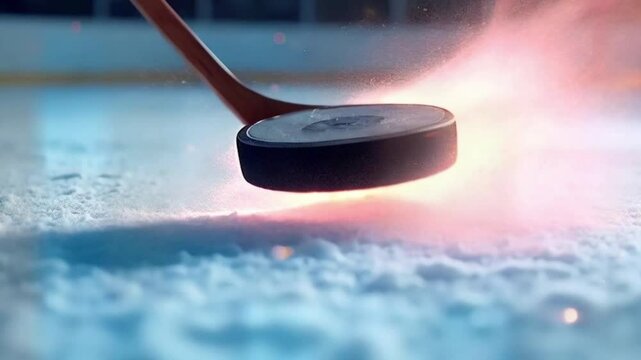  Stricking the Puck with Hockey Sticks. Athlete Scoring a Goal