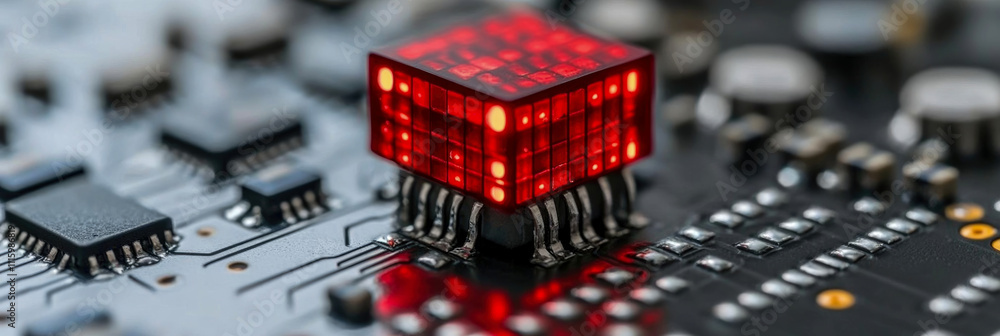 Poster a vibrant red led is glowing atop a microchip on an intricate circuit board showcasing complex elect