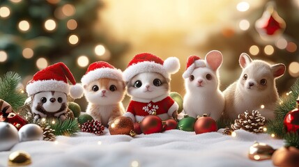 A group of cute 3D baby animals in Santa hats, with festive holiday decorations, creating a warm Christmas vibe.