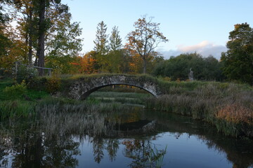Russia, Leningrad region - 09.29.2024 Demidov estates in the village of Taytsy. The Humpback Bridge.