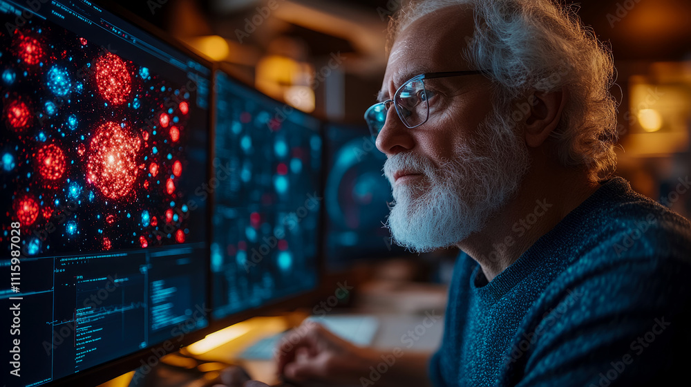 Poster a senior researcher observes intricate data visualizations on multiple screens in a high-tech lab, f