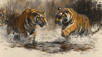 Obraz premium Majestic angry leopard and tiger pencil sketches showcasing fierce and powerful encounters