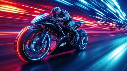 Futuristic motorcycle speeding, neon lights blur.