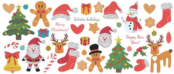 Set of vector Christmas illustrations on a white background. Hand drawn flat colored icon. Reindeer, santa claus, gingerbread cookies, christmas tree, stocking, glove, candy cane, jingle bells