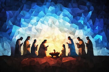 Stylized nativity scene with geometric abstract background, illustrating the holy family and the birth of Jesus in modern art