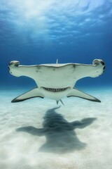 Naklejka premium Underwater Encounter with a Hammerhead Shark, Showcasing Its Unique Anatomy and Graceful Movement in Crystal-Clear Ocean Waters, Ideal for Marine Life Enthusiasts