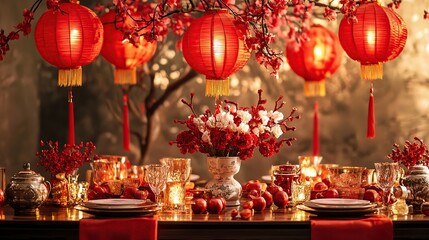 Festive red and gold Chinese New Year table setting with lanterns and flowers.