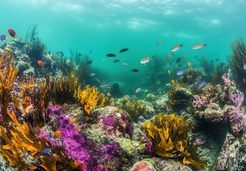 Obraz premium Underwater Scene of Vibrant Coral Reef with Colorful Fish Swimming Amongst Lush Seaweeds and Coral Growths in Crystal Clear Blue Water