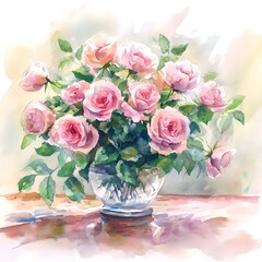 Obraz premium Watercolor bouquet of classic red roses in a glass vase. Ideal for greeting cards for Mother's Day, March 8, birthdays, and weddings.