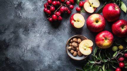 Red apples and walnuts with cherries on a dark background