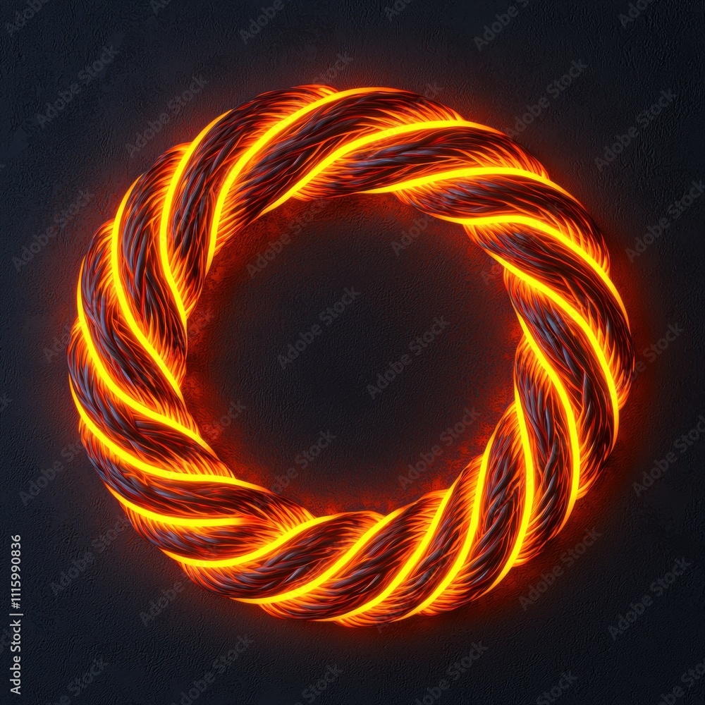 Poster a glowing, fiery circular design that resembles twisted rope, set against a dark background, creatin