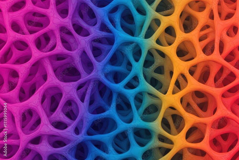 Poster a vibrant, abstract pattern of interconnected cells, showcasing a rainbow gradient that transitions 