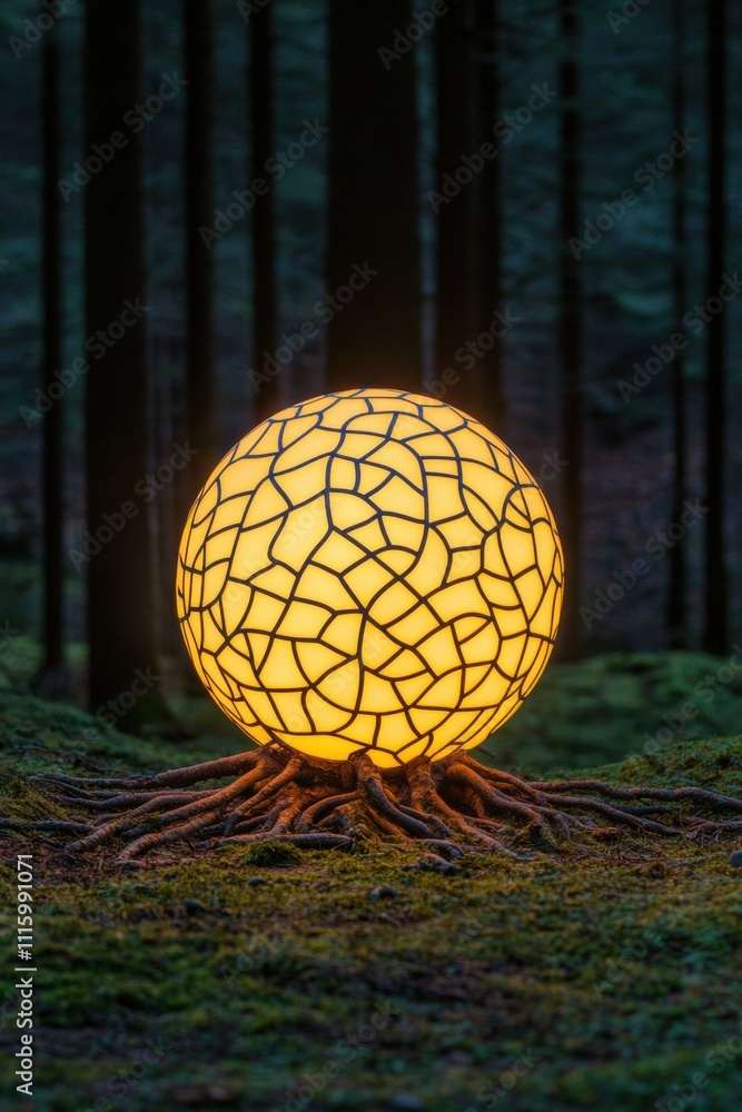 Poster a glowing, mosaic-patterned orb sits atop roots in a dark forest, creating a mystical atmosphere and