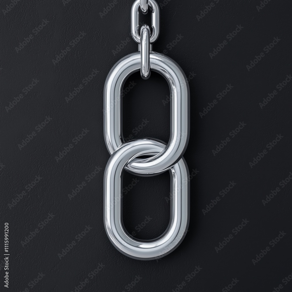 Poster a close-up of shiny metallic chains interlinked against a dark background, highlighting their smooth