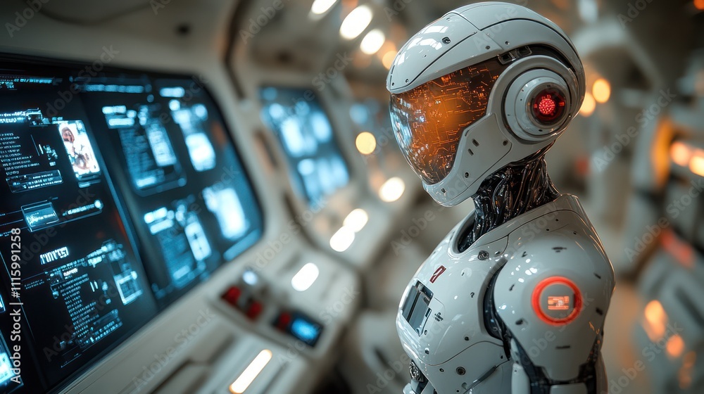 Poster futuristic robot monitoring screens in spaceship.