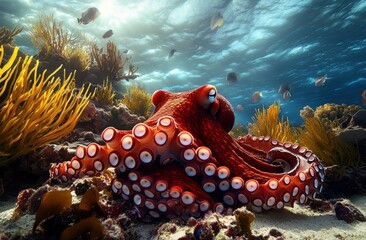 Vibrant Red Octopus in a Lively Underwater Scene Surrounded by Colorful Marine Life and Swaying Seaweed in a Coral Reef Ecosystem