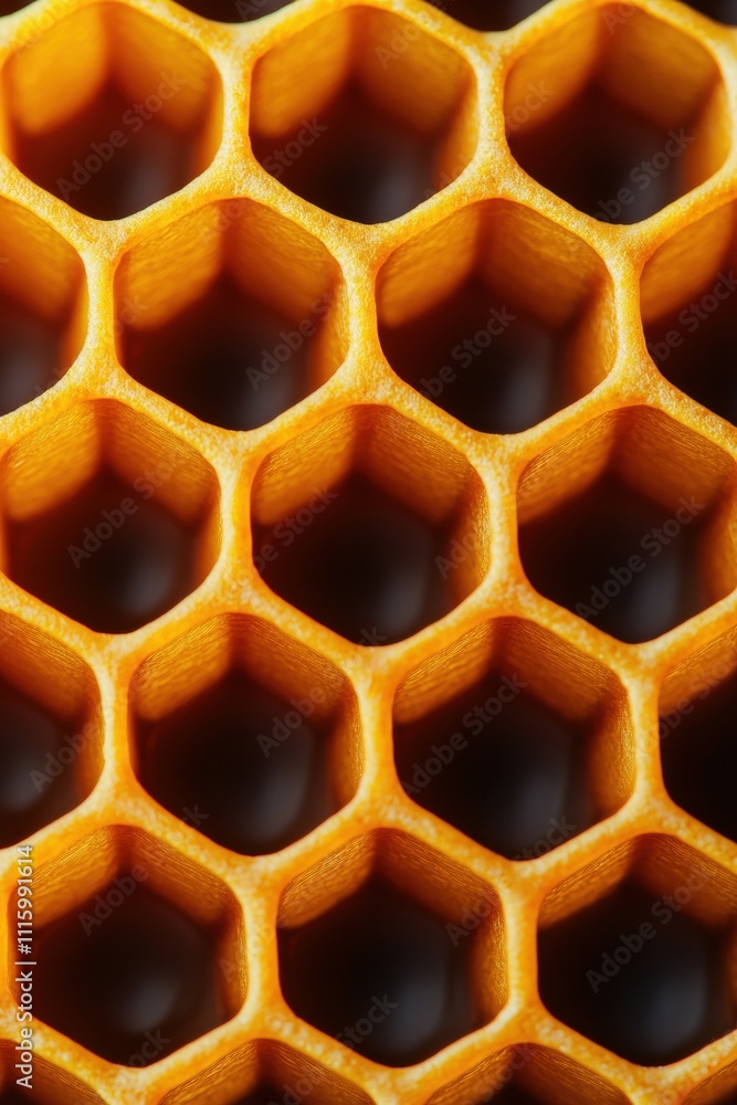 Poster a close-up of a honeycomb structure, showcasing its intricate hexagonal patterns and warm golden hue