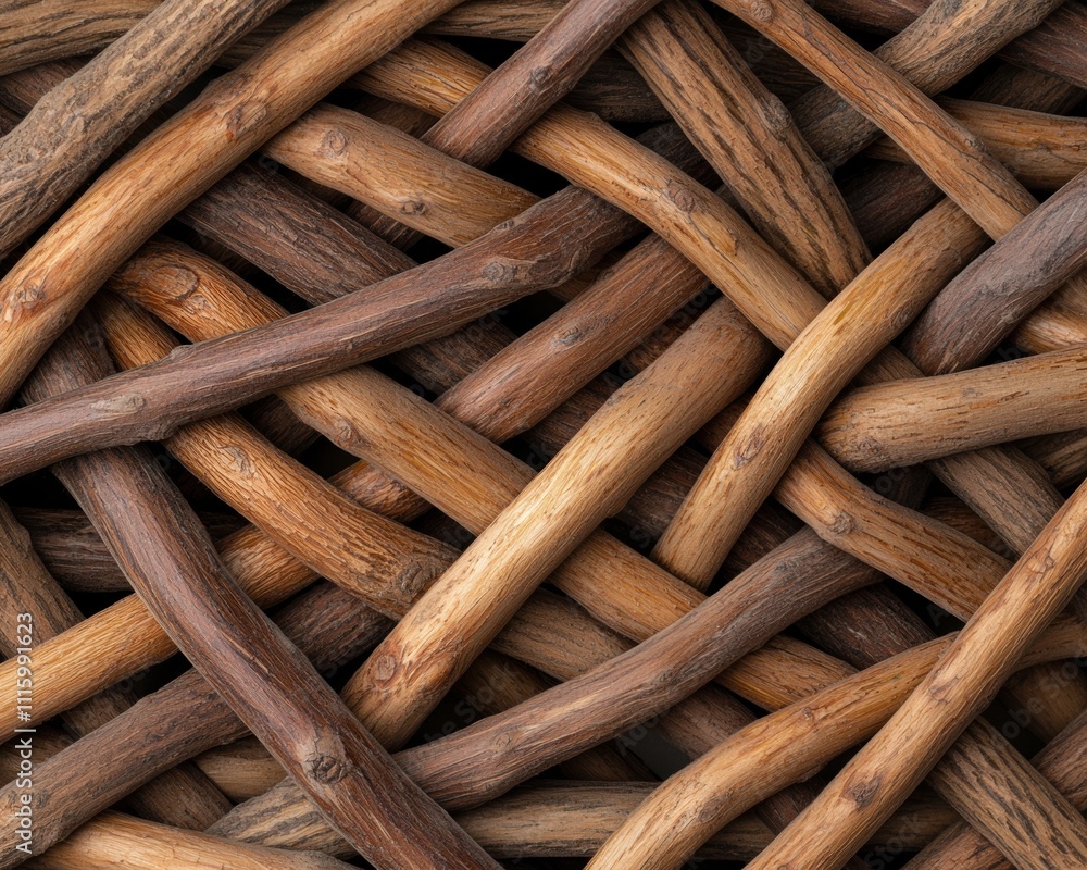 Poster a close-up view of intertwined wooden branches, showcasing the texture and natural patterns of the w