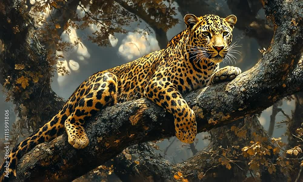 Poster a leopard rests on a tree branch in a serene, foliage-rich environment.