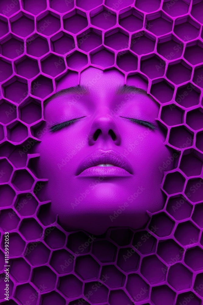 Poster a striking purple face emerges from a hexagonal pattern, creating an artistic blend of human form an