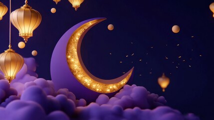 Ramadan Kareem Festive Celebration: Illuminated Crescent Moon Amidst Purple Clouds and Golden Lanterns