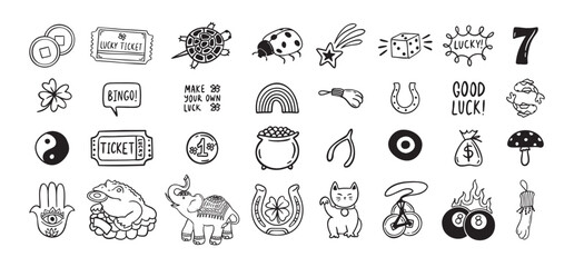 Good Luck doodle Symbols Set. Hand drawn lucky icons. Asian talismans and charms outline set.