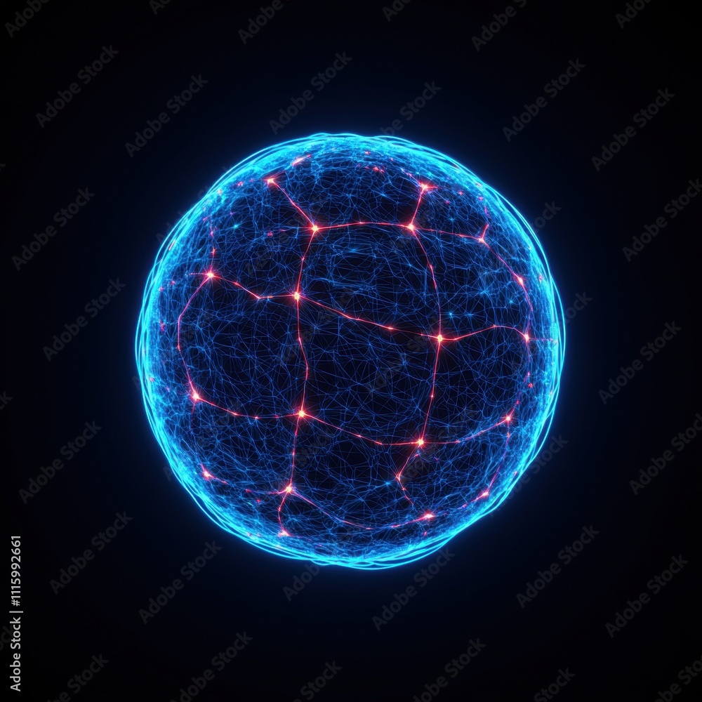 Poster a glowing, spherical structure with intricate lines and nodes, representing a network or molecular c