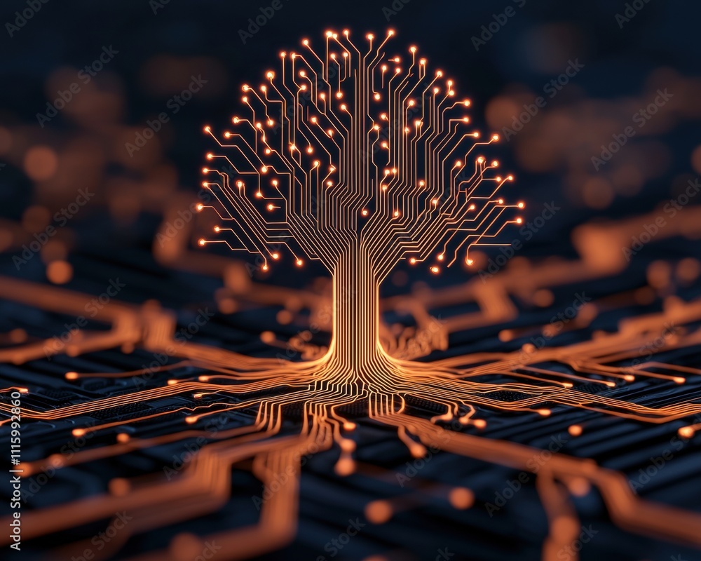 Poster a digital artwork featuring a tree made of circuit patterns, symbolizing the fusion of nature and te