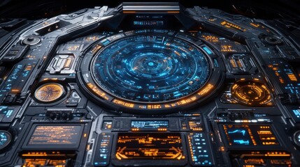 Fototapeta premium Futuristic control panel with blue and orange lights, showcasing advanced technology.