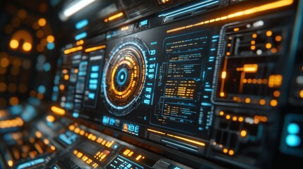 Obraz premium Futuristic control panel with glowing interfaces and data displays.