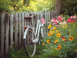Fototapeta premium Rustic bicycle, vibrant flowers, wooden fence.