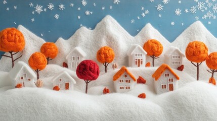Knitted winter village with felt trees and snowy landscape