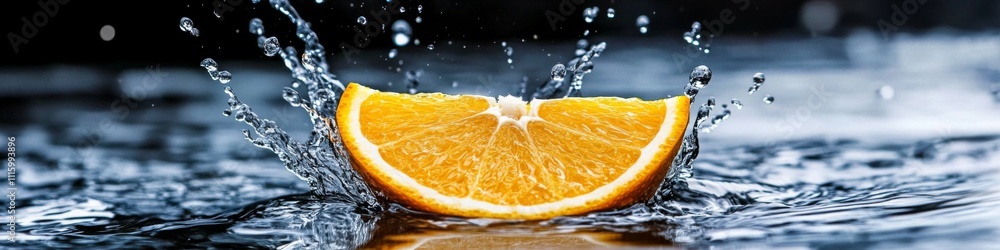 Poster refreshing orange slice splashes in water creating vibrant ripples at midday