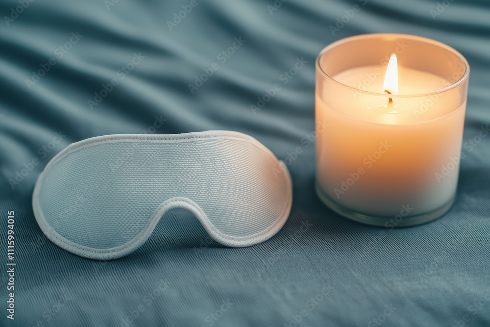 Poster Sleep mask and burning candle creating relaxing atmosphere for nighttime routine