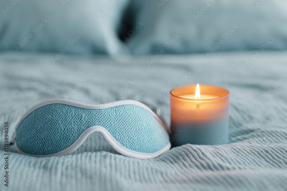 Poster sleep mask and burning candle creating relaxing atmosphere on bed