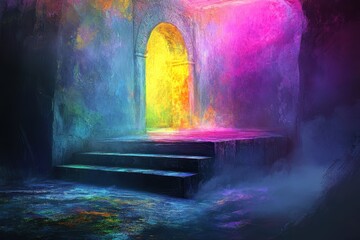 Obraz premium Abstract glowing doorway radiating vibrant light and colors, symbolizing transformation, spiritual awakening, and divine passage
