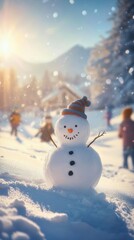 Obraz premium Children building a snowman in snowy alpine landscape