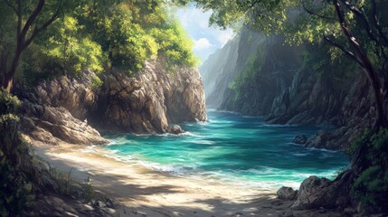 Secluded cove, turquoise water, sandy beach.