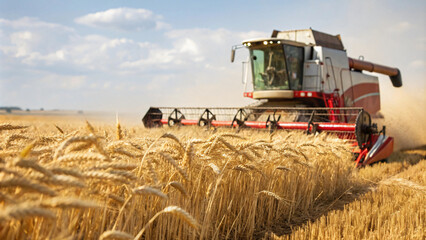 Fototapeta premium Harvesting wheat with combine in golden field under blue sky
