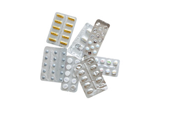 Pharmaceutical blister packs drugs, with essential steps for a healthy body. Workout exercises: squats, running, push-ups, crunch, plank, lunges, jumping, run, proteins, sleep and healthy eating care.