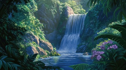 Lush jungle waterfall cascading into a tranquil pool, surrounded by vibrant greenery and flowers.