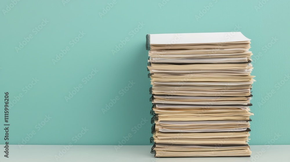 Poster Stack of financial reports and blank notebook symbolizing financial goals setting