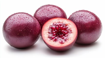 Fresh, vibrant purple passion fruit, whole and halved, with water droplets, isolated on white background.