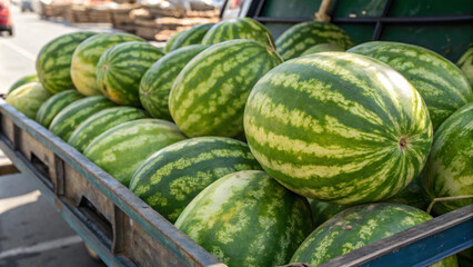 Fresh watermelons stacked in truck bed, ready for market sale