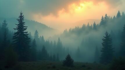 Obraz premium The Enchanted Fir Forest: A Misty Landscape with a Vintage Retro Aesthetic, Unveiling Nature’s Mysterious Fog-Filled Beauty