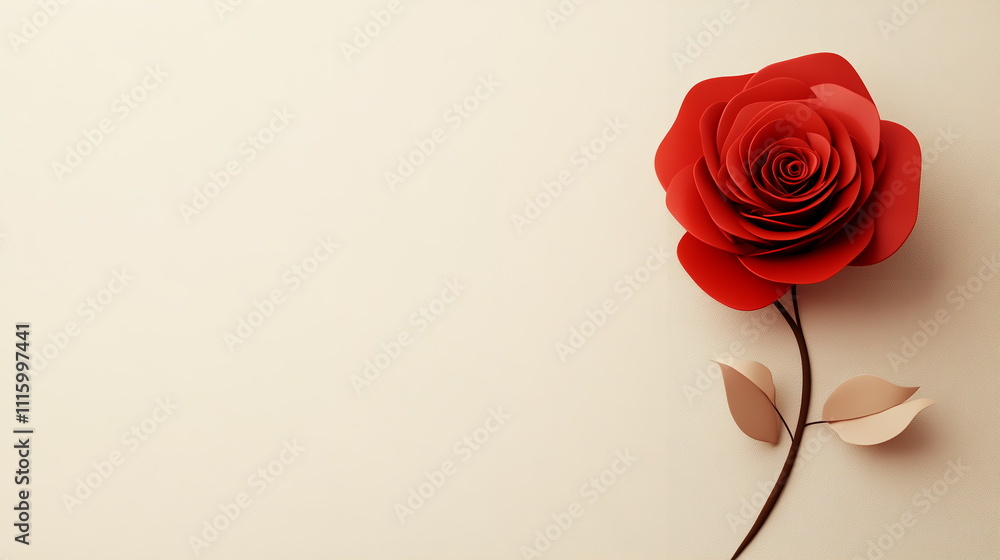 Poster thin red line drawing of a rose, centered on a light beige background, creating an elegant and simpl