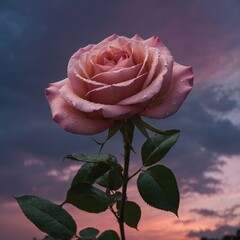 A pink rose surrounded by a halo of light in a twilight sky.