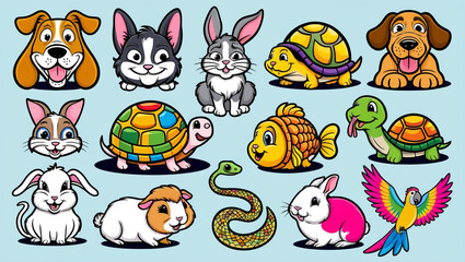 Obraz premium Domestic animals/ pets - collection of funny vector clip-arts (dog, cat, turtle, goldfish, rabbit, guinea pig, snake, parrot)