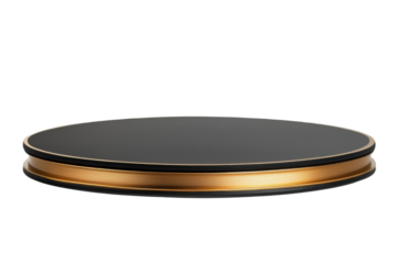 Elegant round display stand with a black surface and gold rim presentation podium cut out transparent isolated PNG