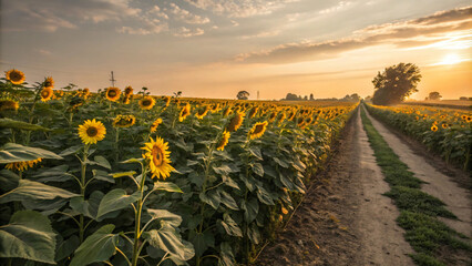 Sunflower field at sunset with vibrant yellow flowers and dirt path